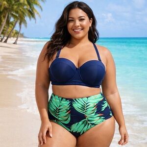 Navy Blue Molded Bikini Top Retro High Waist Tropical Bottoms NWOT Size XXL